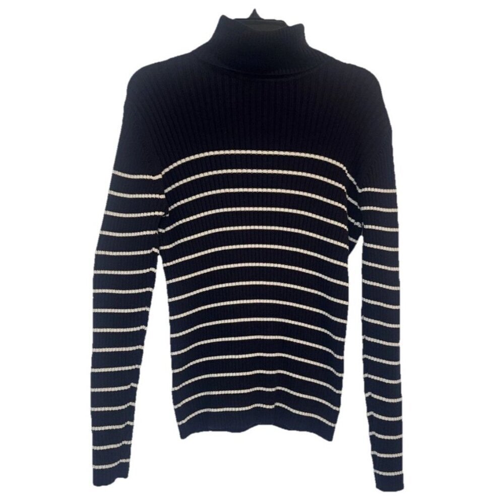 Eddie Bauer Women’s Stretch Blue White Stripe Pullover Turtleneck Sweater Top L